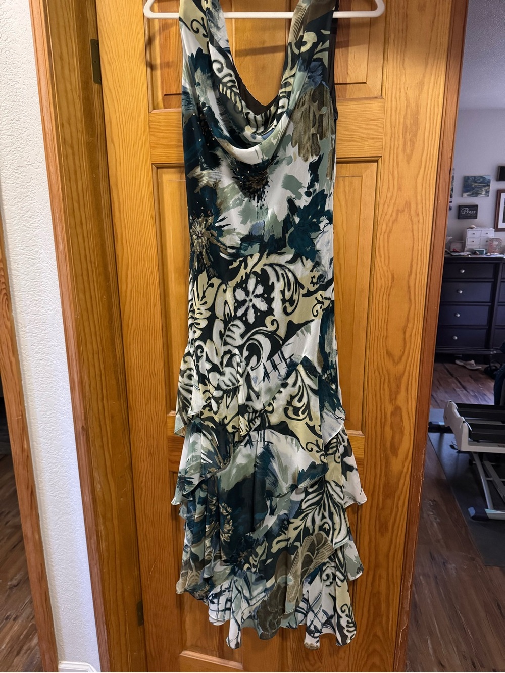 Signature by Robbie Bee Teal, Cream & Black Asymmetrical Cowl-Neck Dress